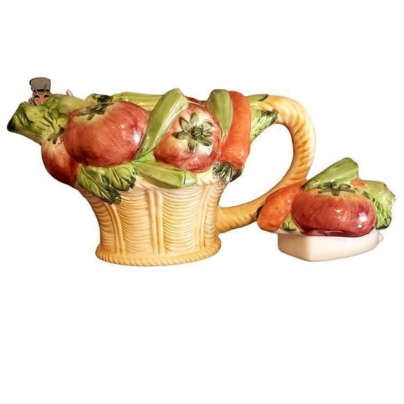 World‎ Bazar Vegetable Basket Ceramic Teapot Vintage 6in - Picture 9 of 12